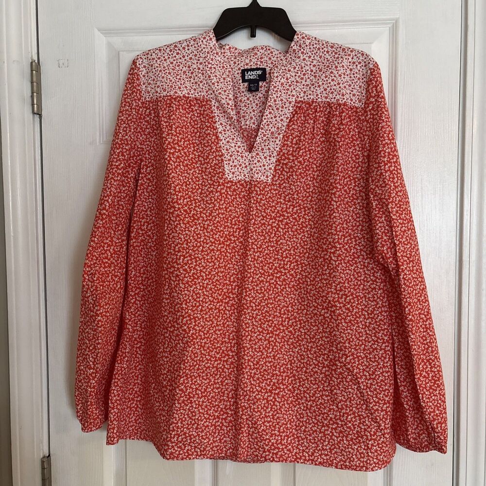 Land’s End Orange Floral Print 100% Cotton Blouse Women’s Size Medium Tall 10-12